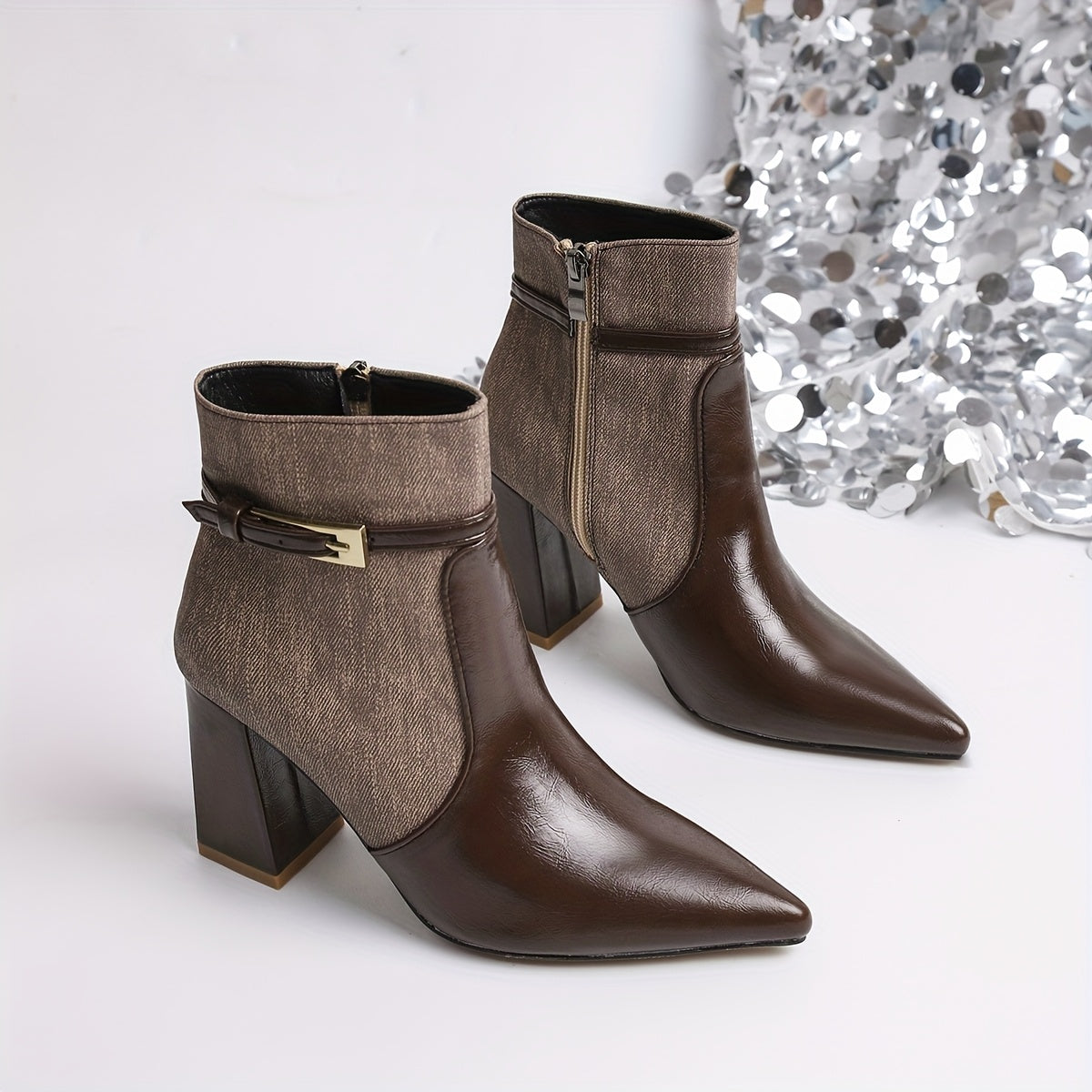 WL Boutique | Retro Chunky Heel Ankle Boots – Elegant Brown Pointed-Toe Design