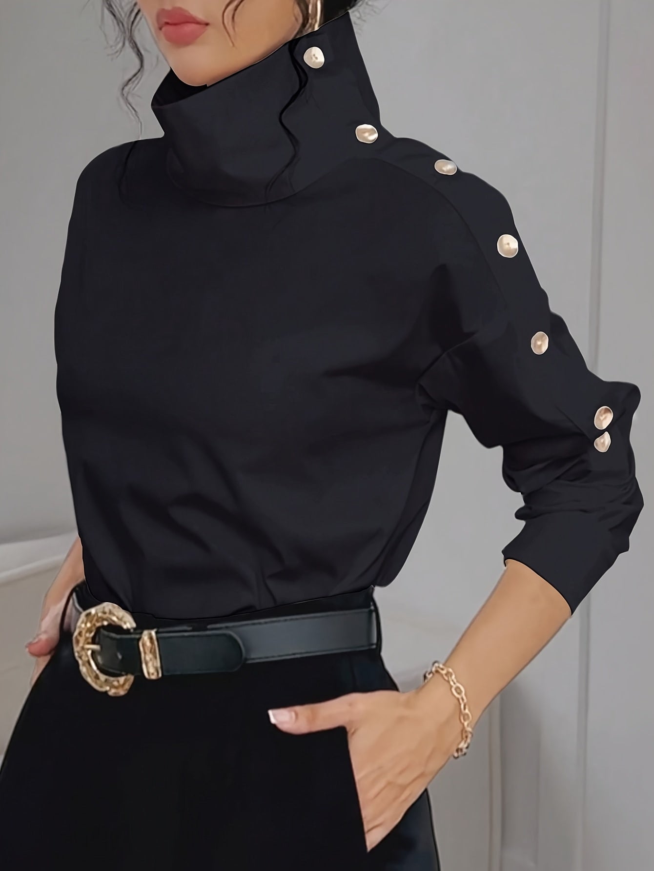 Bruna Aeppli by WL Boutique | Elegant Off-Shoulder High-Neck Blouse with Button Cuffs