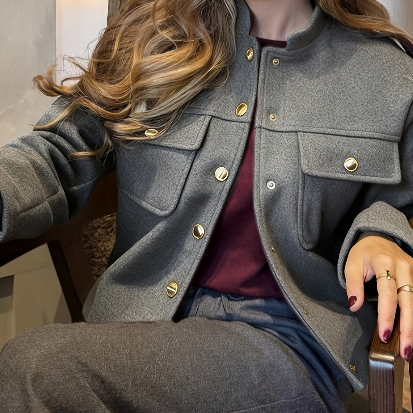 WL Boutique | Elegant Burgundy Tailored Jacket with Two-Tone Buttons