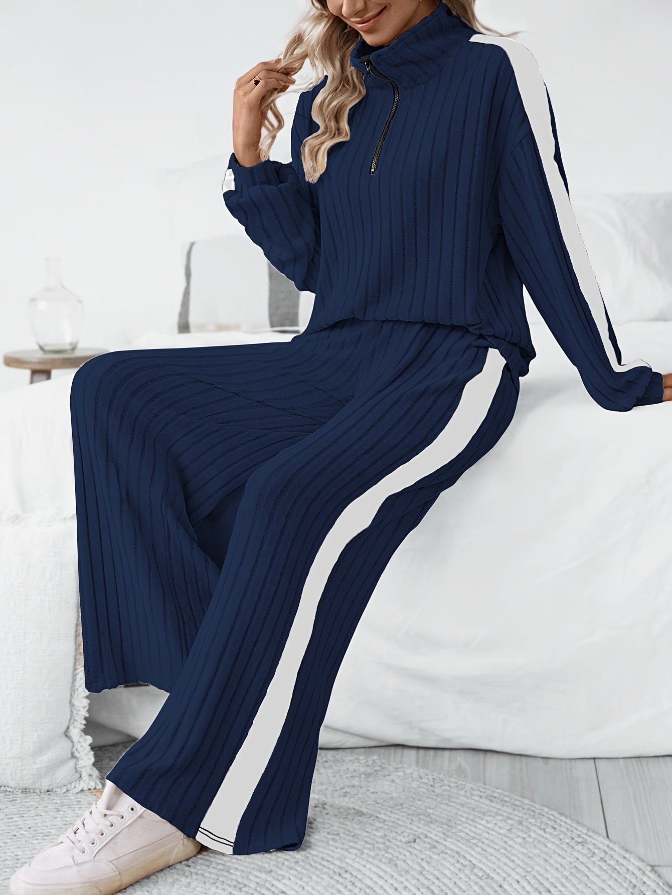 WL Boutique | Striped Collar Top &amp; Color-Block Wide-Leg Pants Set