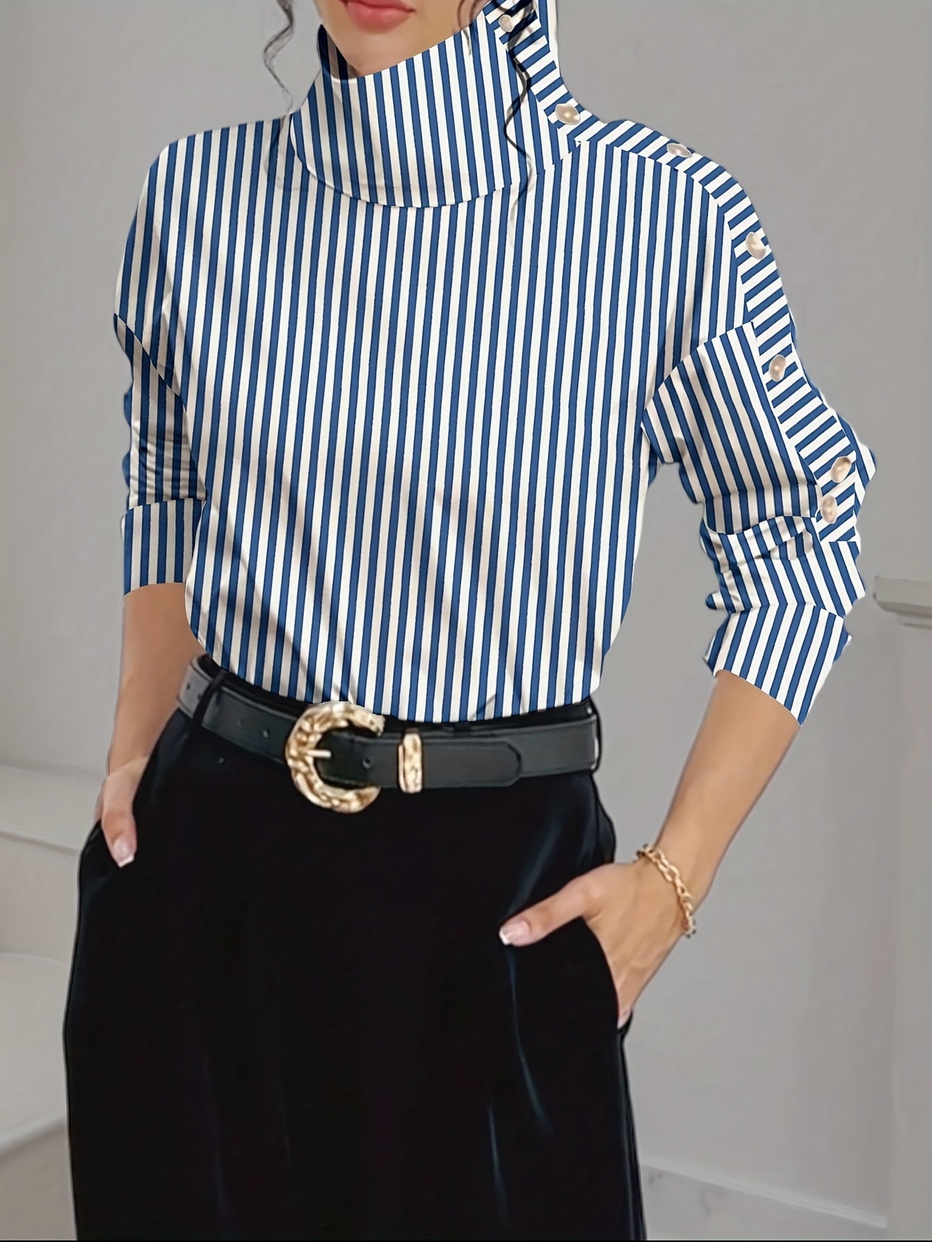 Bruna Aeppli by WL Boutique | Elegant Off-Shoulder High-Neck Blouse with Button Cuffs