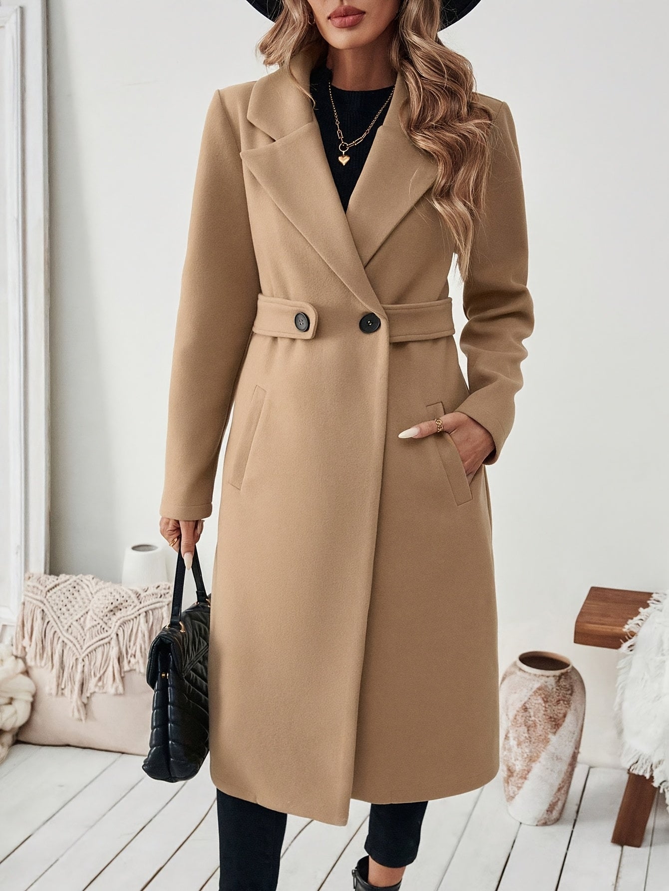 WL Boutique | Elegant Long Black Tweed Coat with Belt