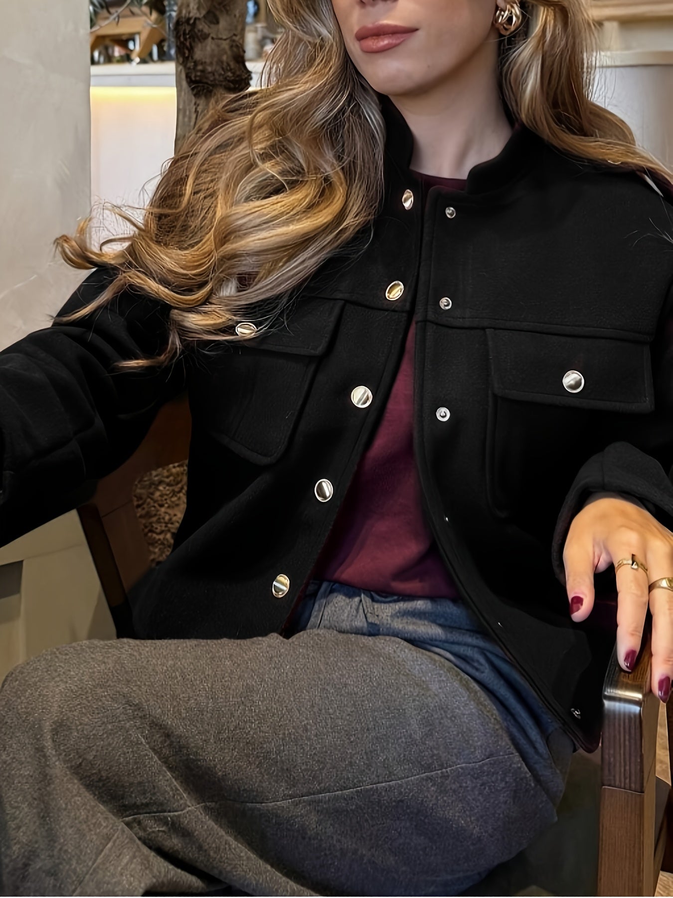 WL Boutique | Elegant Burgundy Tailored Jacket with Two-Tone Buttons