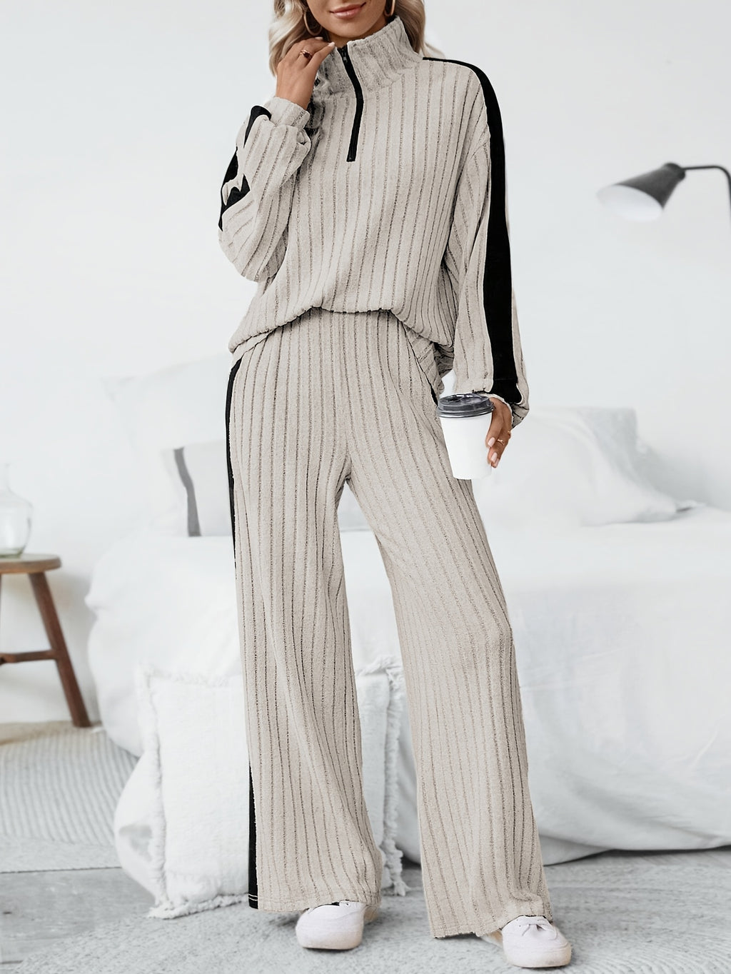 WL Boutique | Striped Collar Top &amp; Color-Block Wide-Leg Pants Set