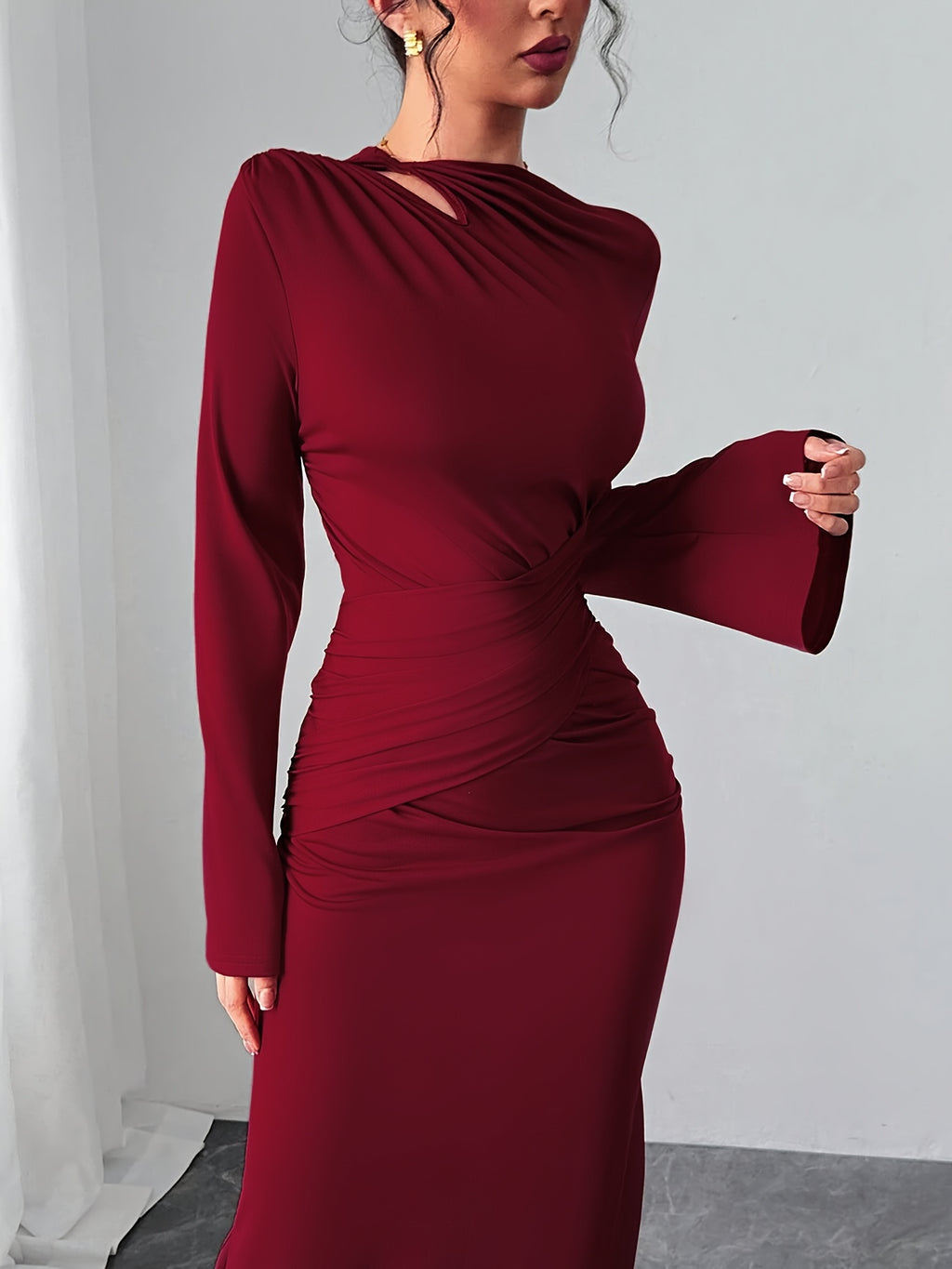 WL Boutique | Elegant Bodycon Dress with Bell Sleeves &amp; Asymmetrical Neckline