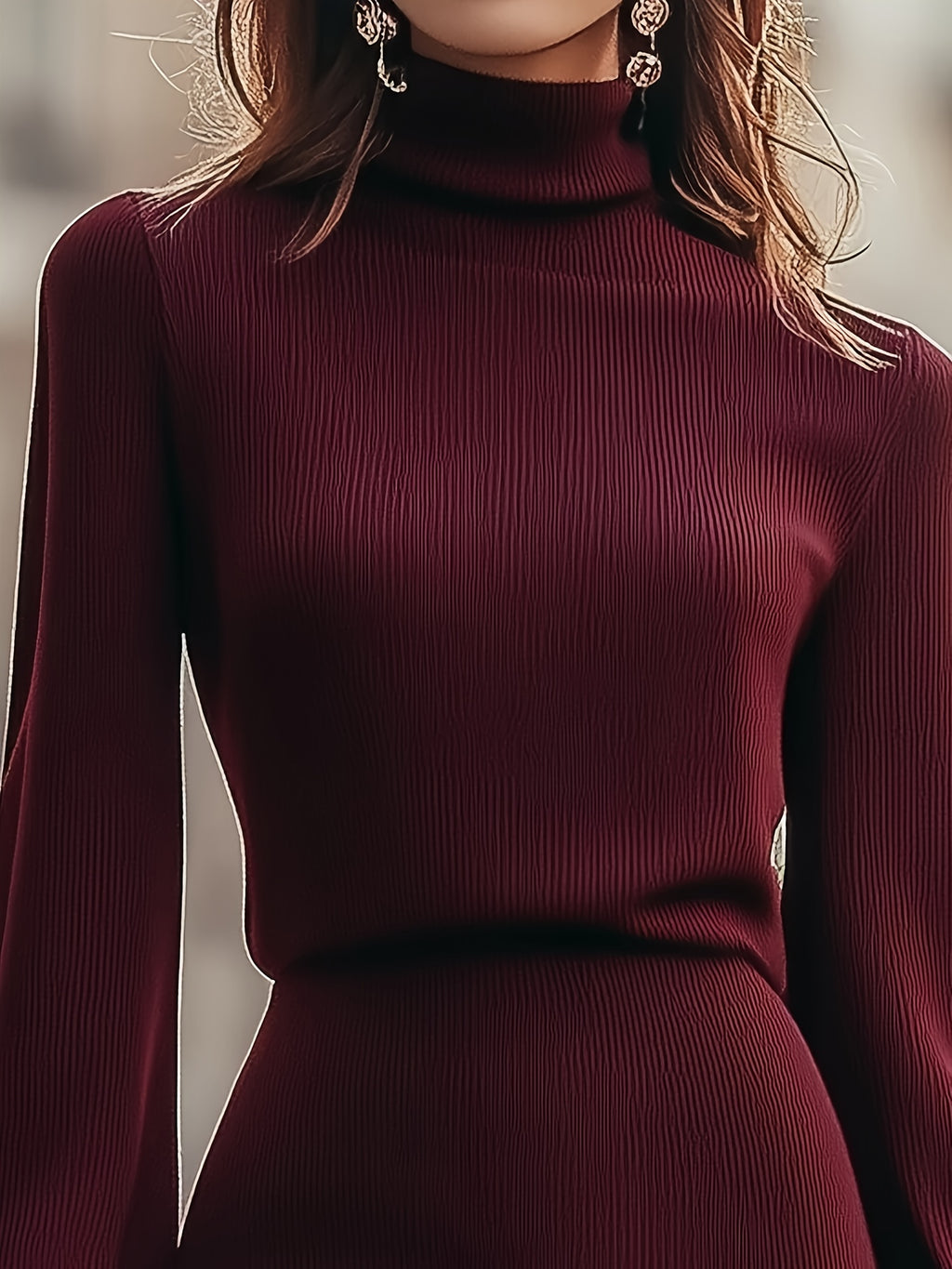 Burgundy High-Neck A-Line Dress