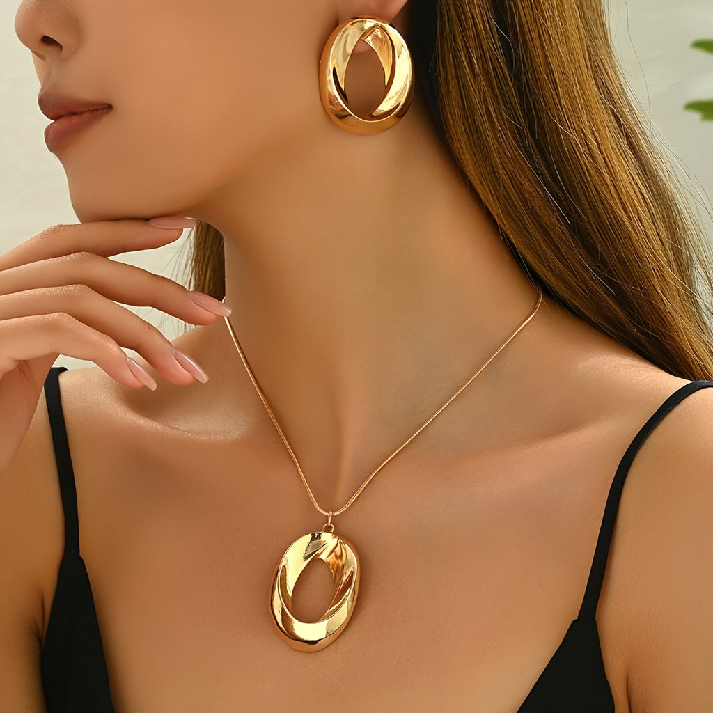 WL Boutique | Minimalist Hollow Oval Pendant Necklace &amp; Earrings Set