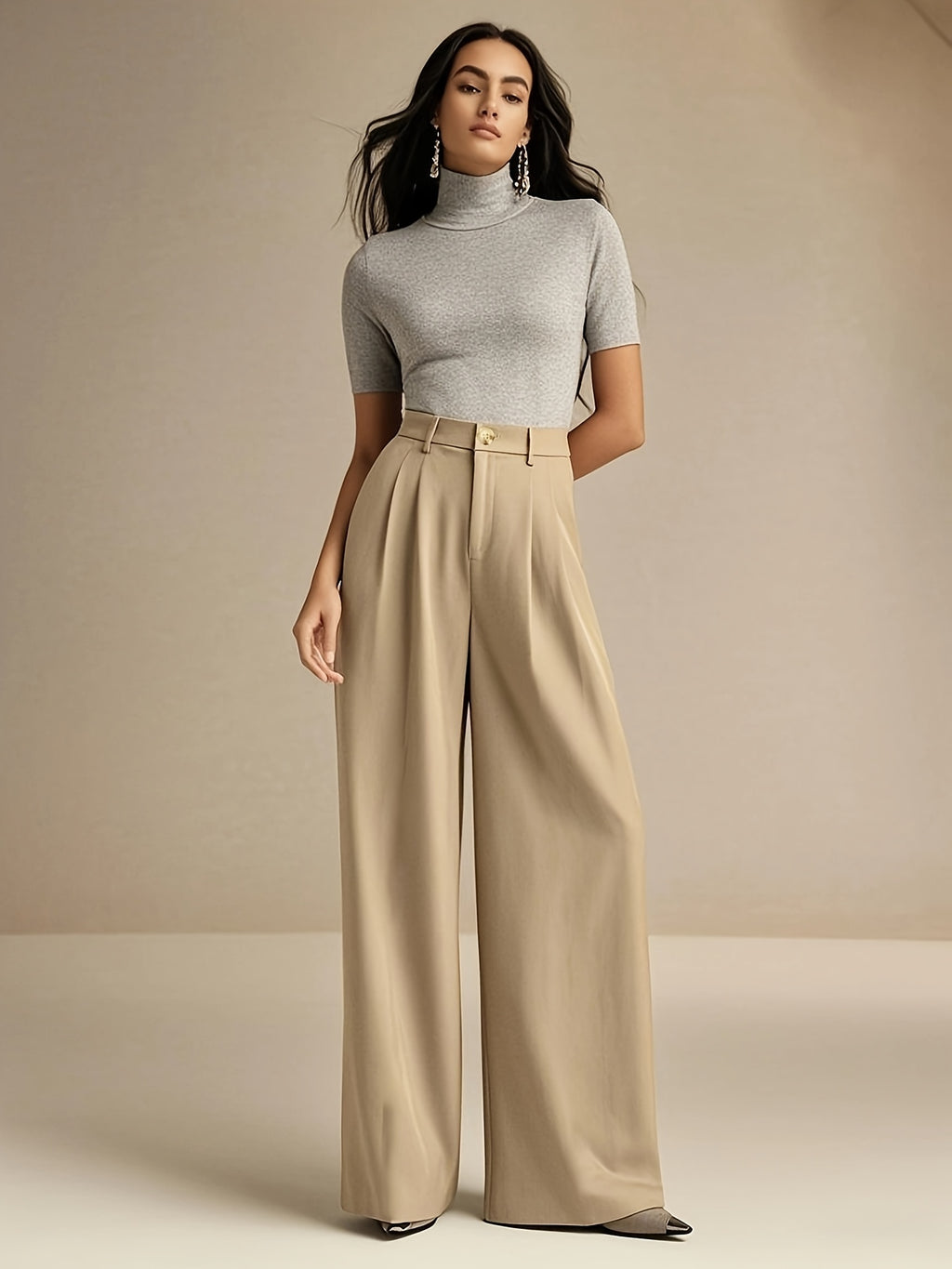 WL Boutique | Elegant Beige Wide-Leg Trousers with Zipper Detail