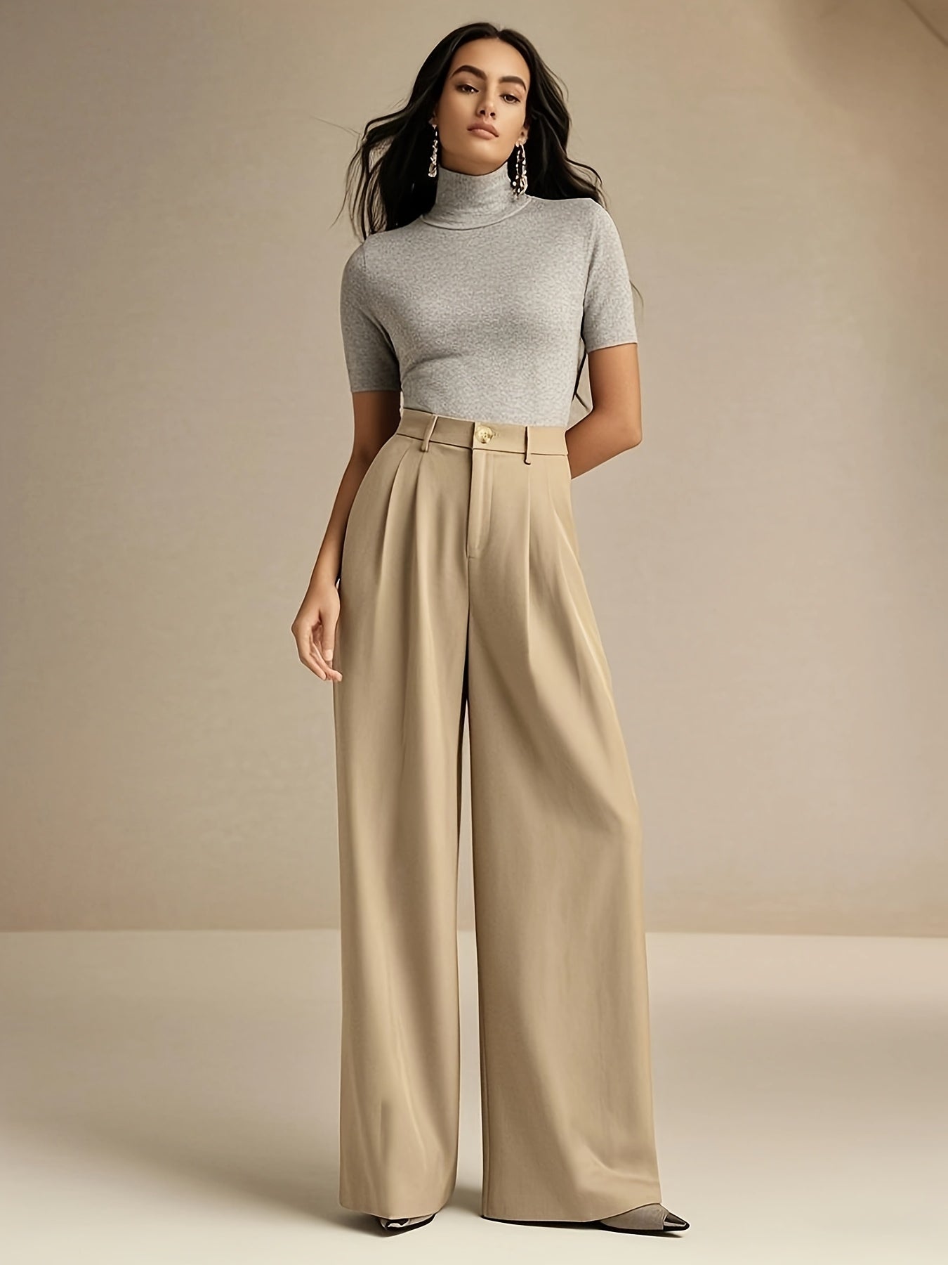 WL Boutique | Elegant Beige Wide-Leg Trousers with Zipper Detail