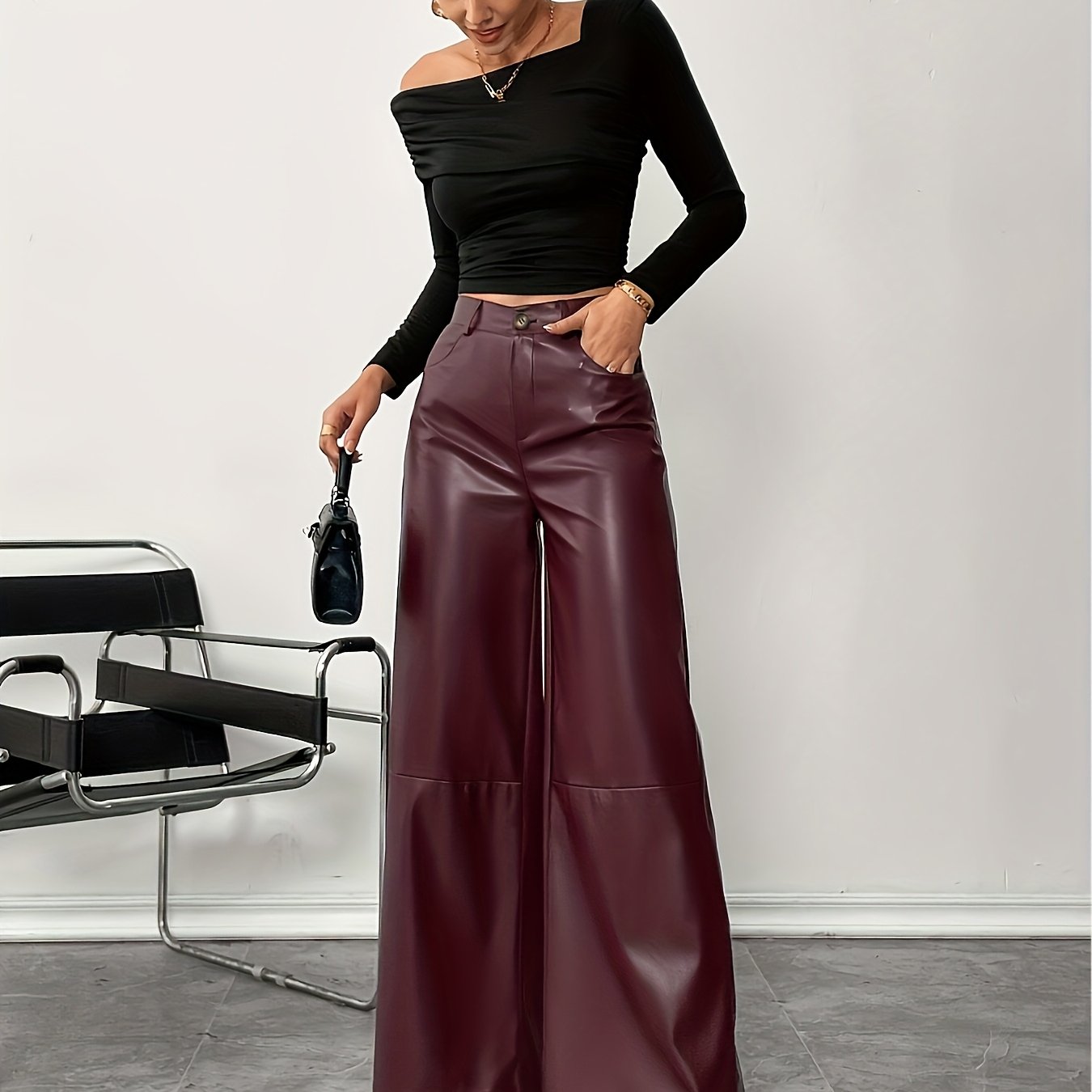 Bruna Aeppli by WL Boutique | Burgundy PU Wide-Leg Pants – Contemporary Elegance for Every Occasion