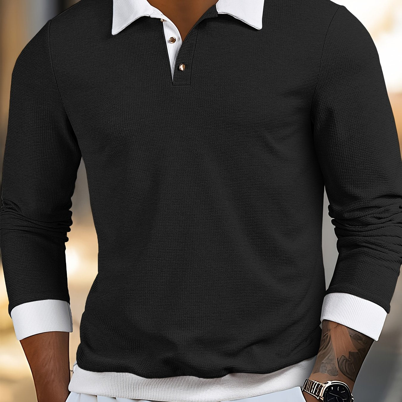 WL Boutique | Men’s Textured Waffle Knit Shirt – Contrast Collar &amp; Cuff Trim