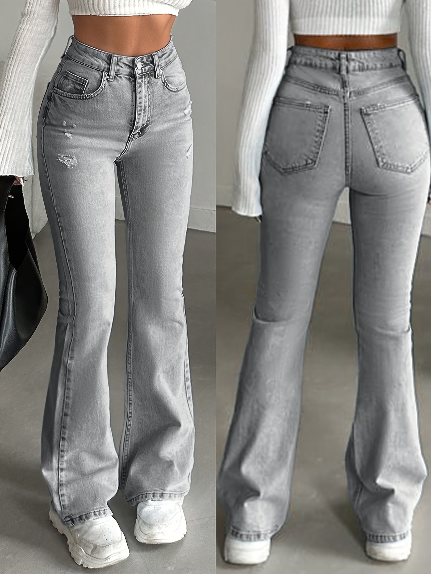 WL Boutique | High-Waisted Light Grey Distressed Bell-Bottom Jeans