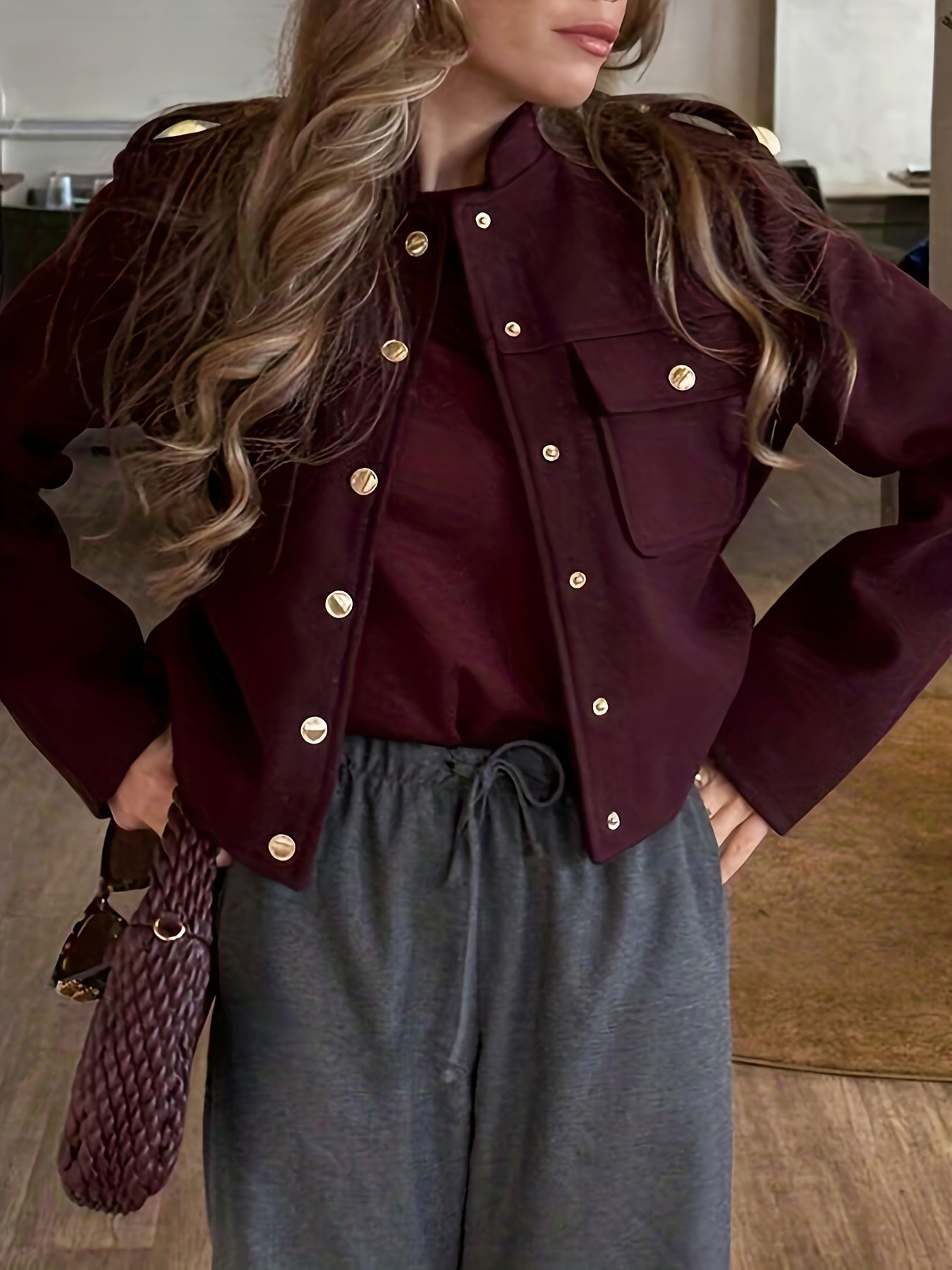 WL Boutique | Elegant Burgundy Tailored Jacket with Two-Tone Buttons