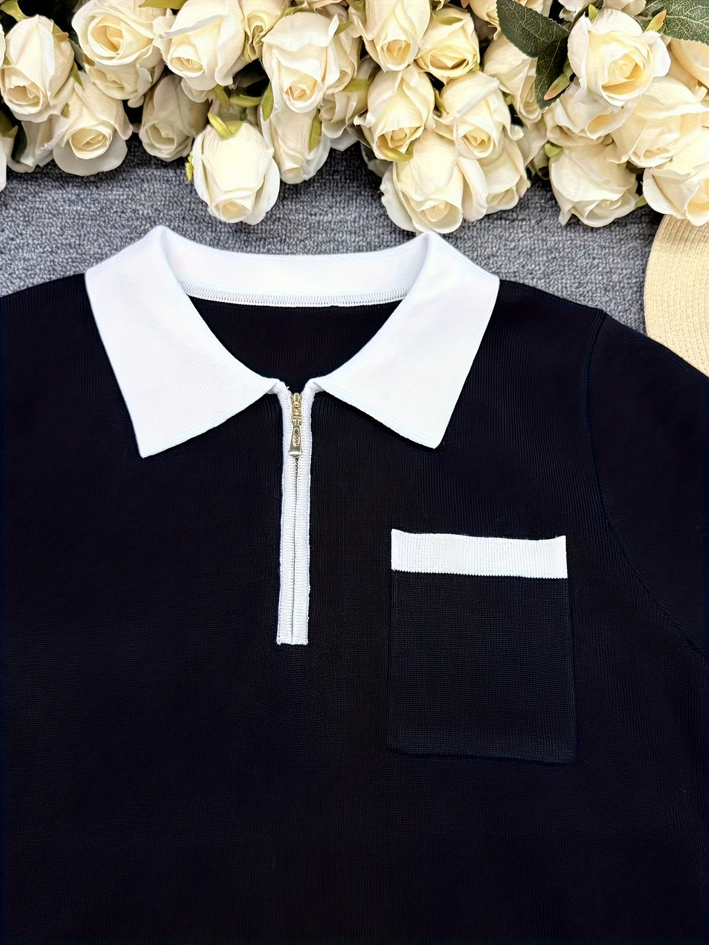 WL Boutique | Navy &amp; White Half-Zip Color Block Sweater