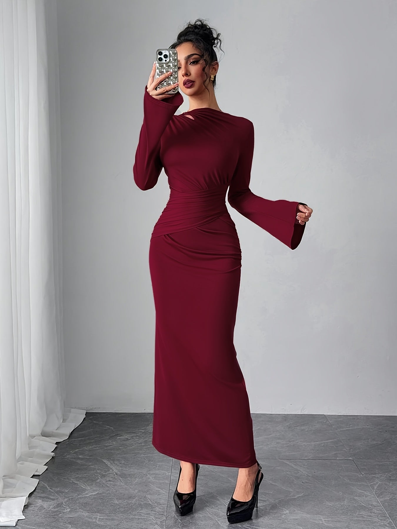 WL Boutique | Elegant Bodycon Dress with Bell Sleeves &amp; Asymmetrical Neckline