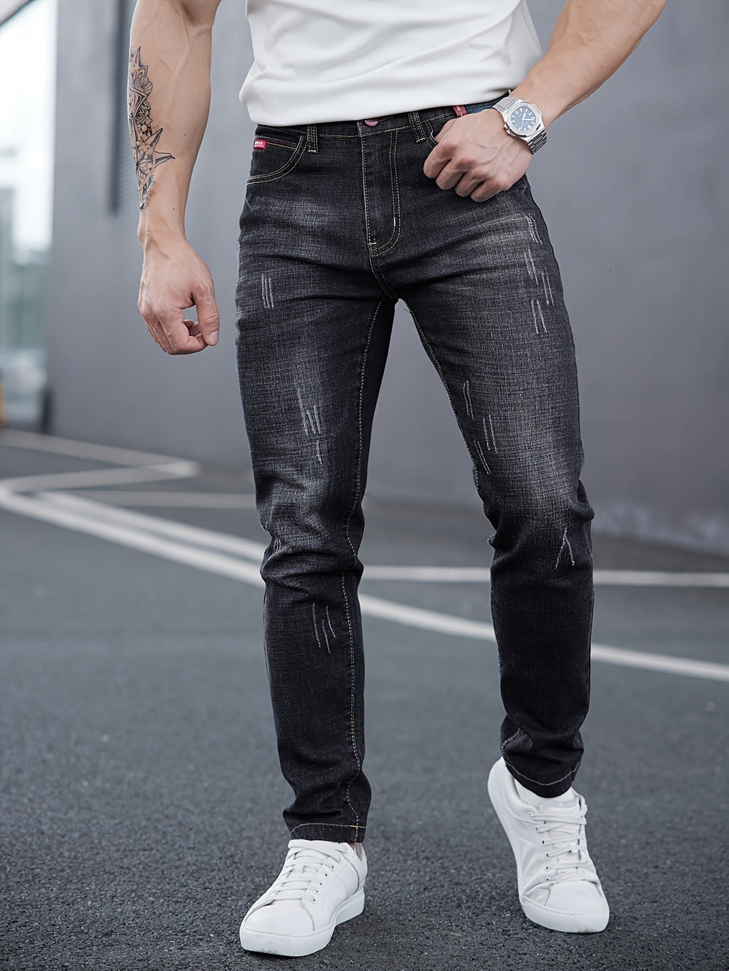WL Boutique Men | Slim-Fit Light Wash Faux Denim with Embroidered Detail