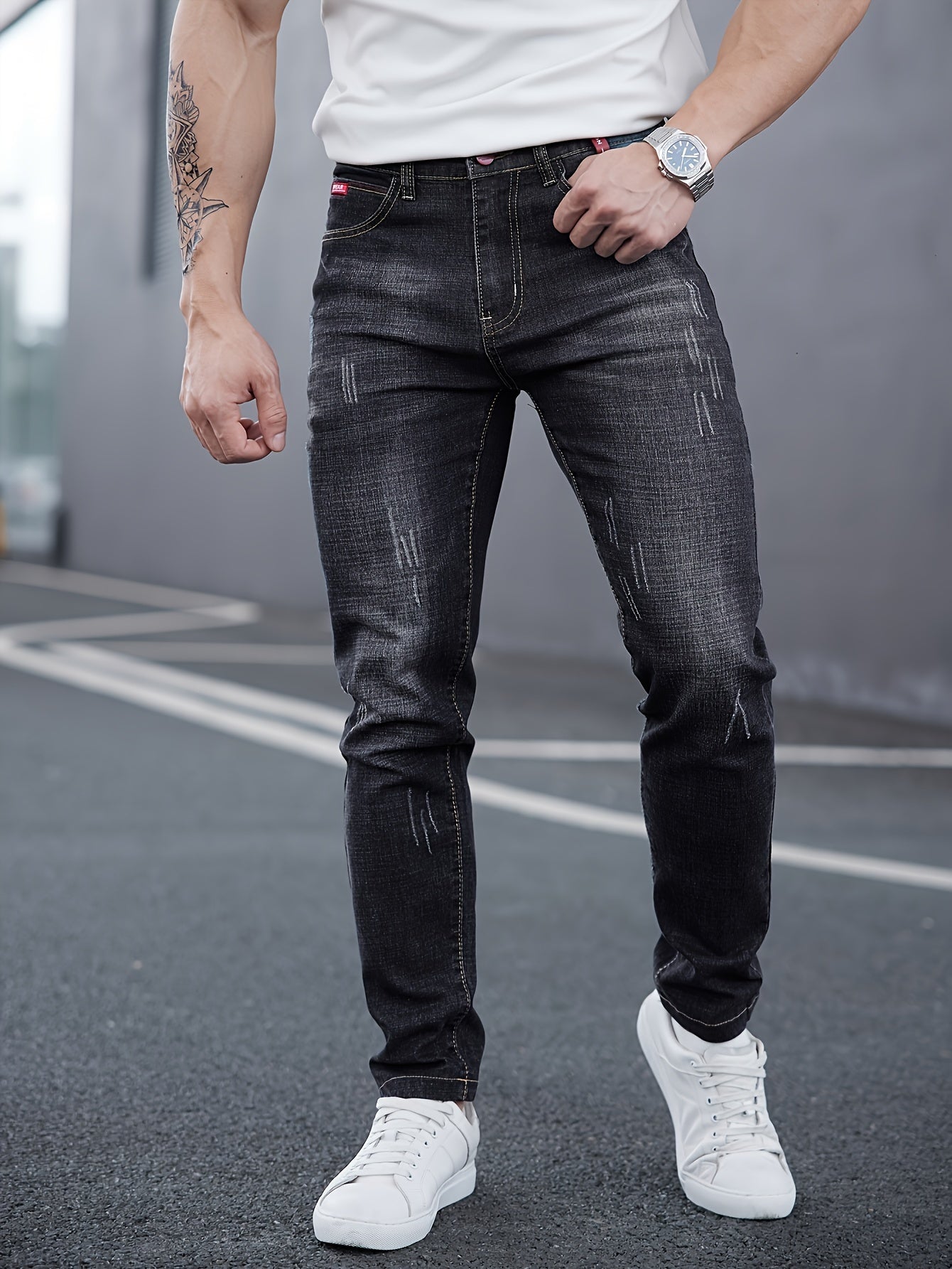 WL Boutique Men | Slim-Fit Light Wash Faux Denim with Embroidered Detail