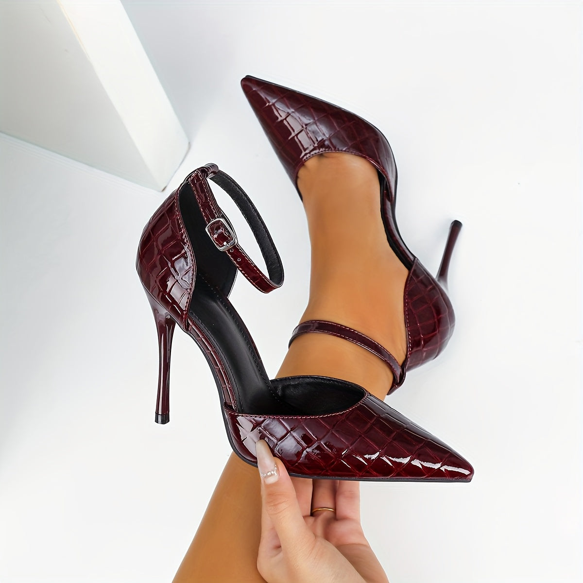 WL Boutique | Burgundy Snake-Print Pointed-Toe Stiletto Heels
