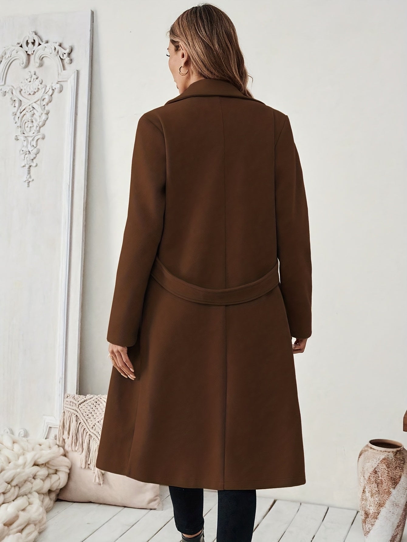 WL Boutique | Elegant Long Black Tweed Coat with Belt