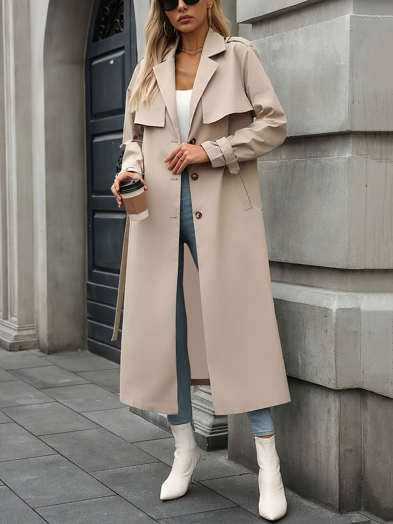 WL Boutique | Elegant Beige Long Coat with Belt