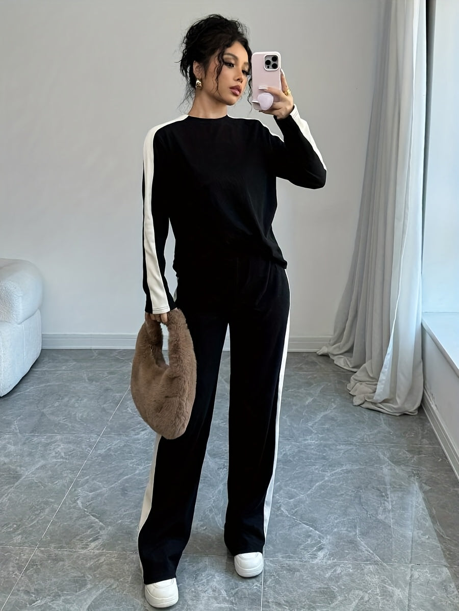 WL Boutique | Striped Contrast Round Neck T-Shirt &amp; Pants Set