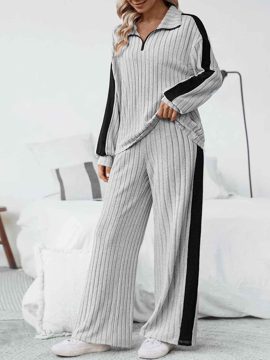 WL Boutique | Striped Collar Top &amp; Color-Block Wide-Leg Pants Set