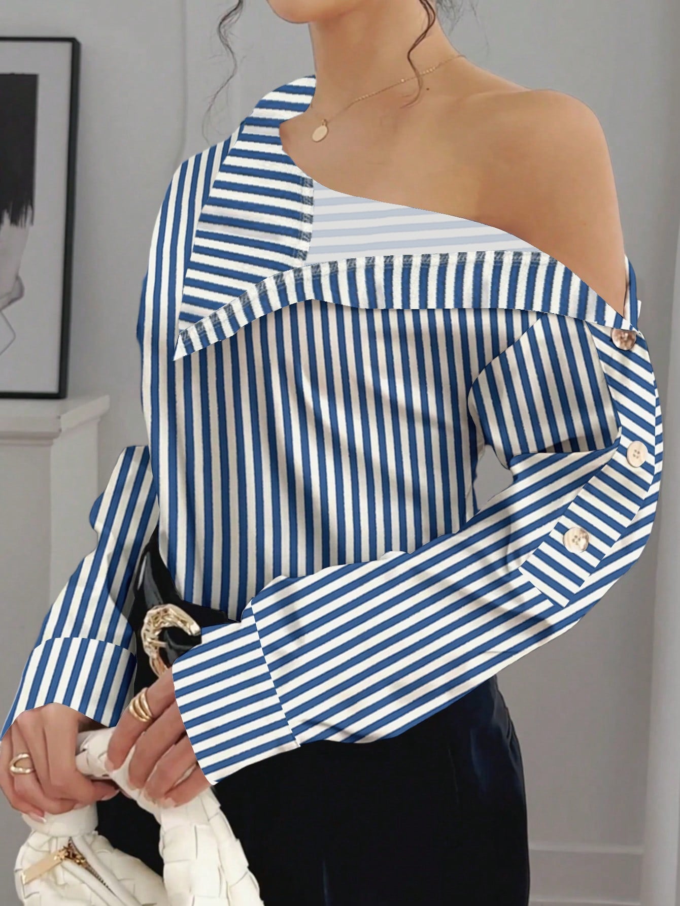 Bruna Aeppli by WL Boutique | Elegant Off-Shoulder High-Neck Blouse with Button Cuffs