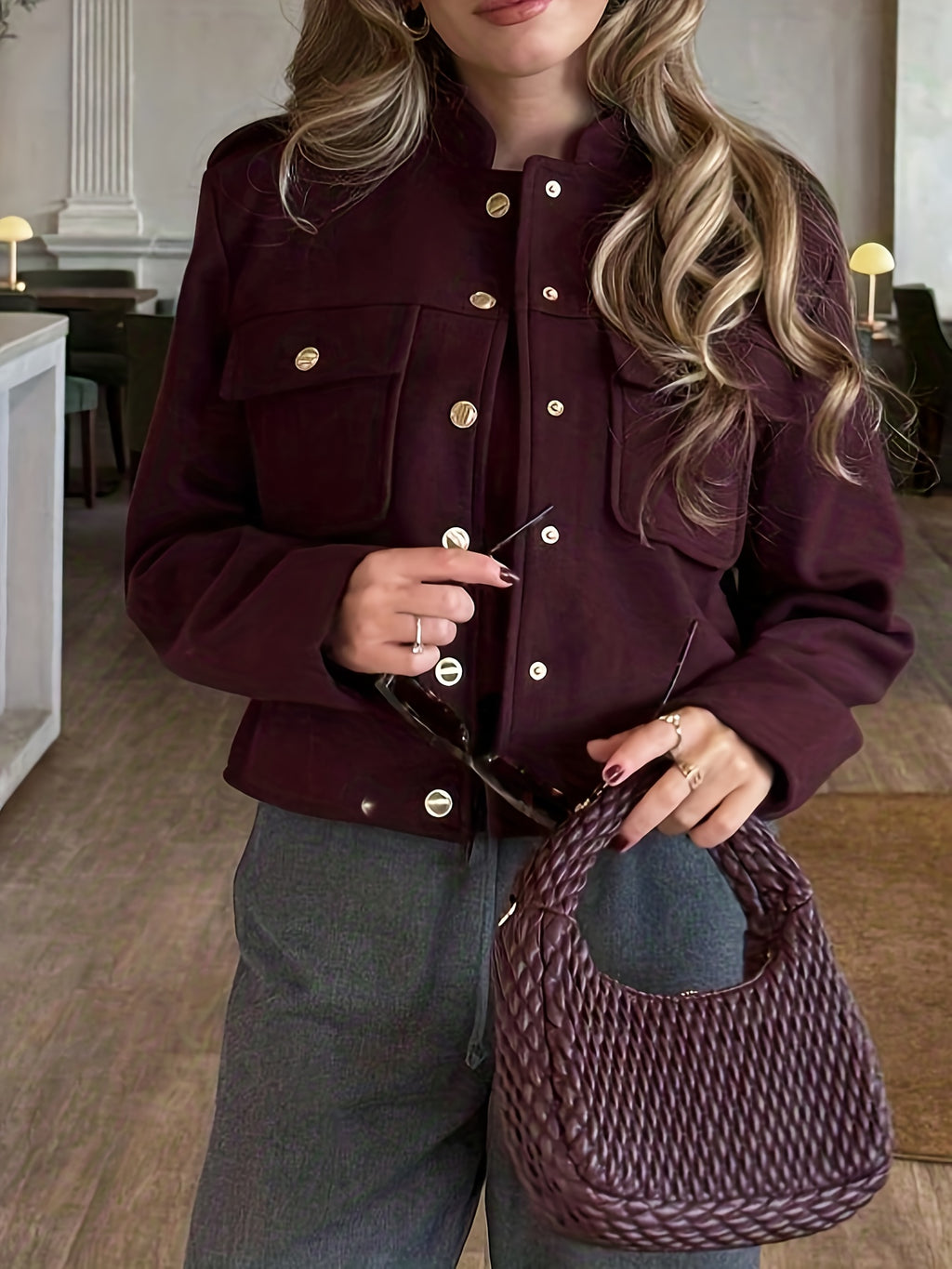 WL Boutique | Elegant Burgundy Tailored Jacket with Two-Tone Buttons