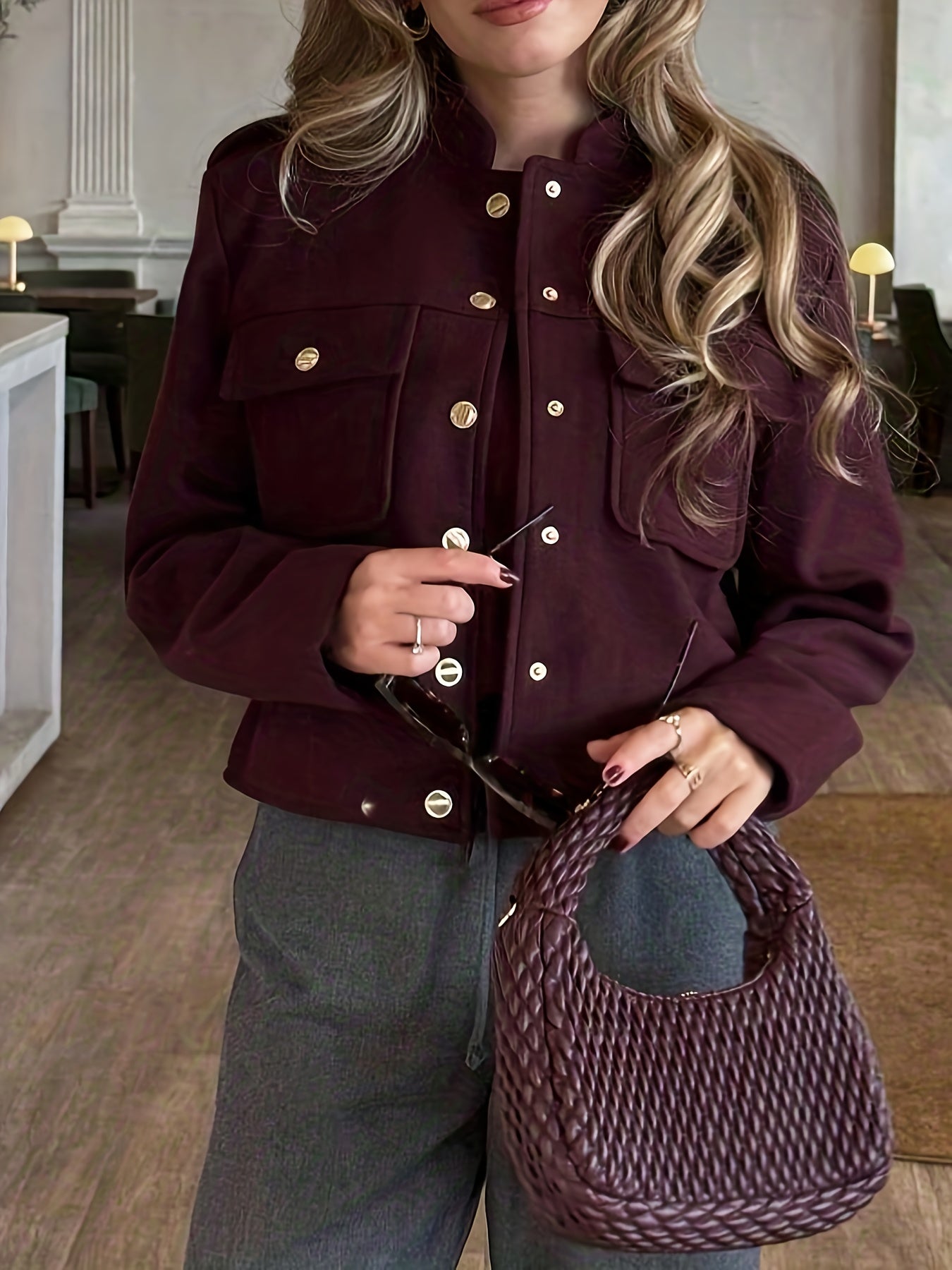 WL Boutique | Elegant Burgundy Tailored Jacket with Two-Tone Buttons