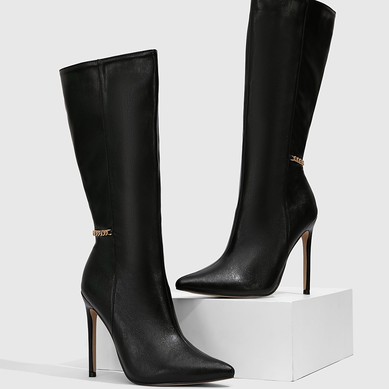 WL Boutique | Black Pointed-Toe Stiletto Ankle Boots with Golden Zipper